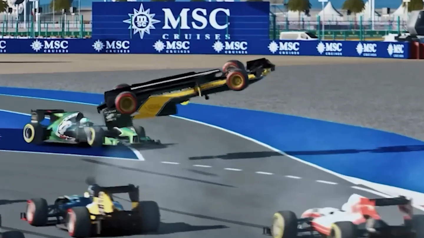 Contact, the moment these sim racing truths are really about: a yellow single-seater flipped upside down over a green car as rivals stream past.