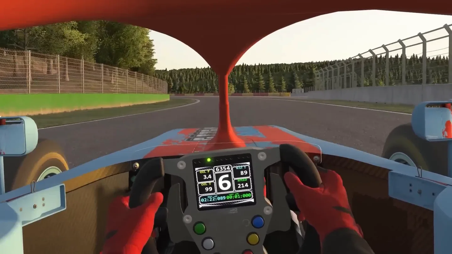 Formula car onboard with both hands on the wheel and a dash showing gear, speed and lap times, the technique behind these sim racing truths.