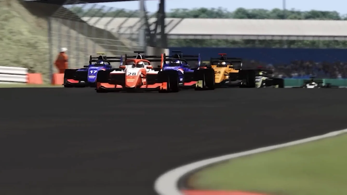 Wheel-to-wheel practice is what these sim racing truths are pointing at: four open-wheel cars run side by side across the width of the track.