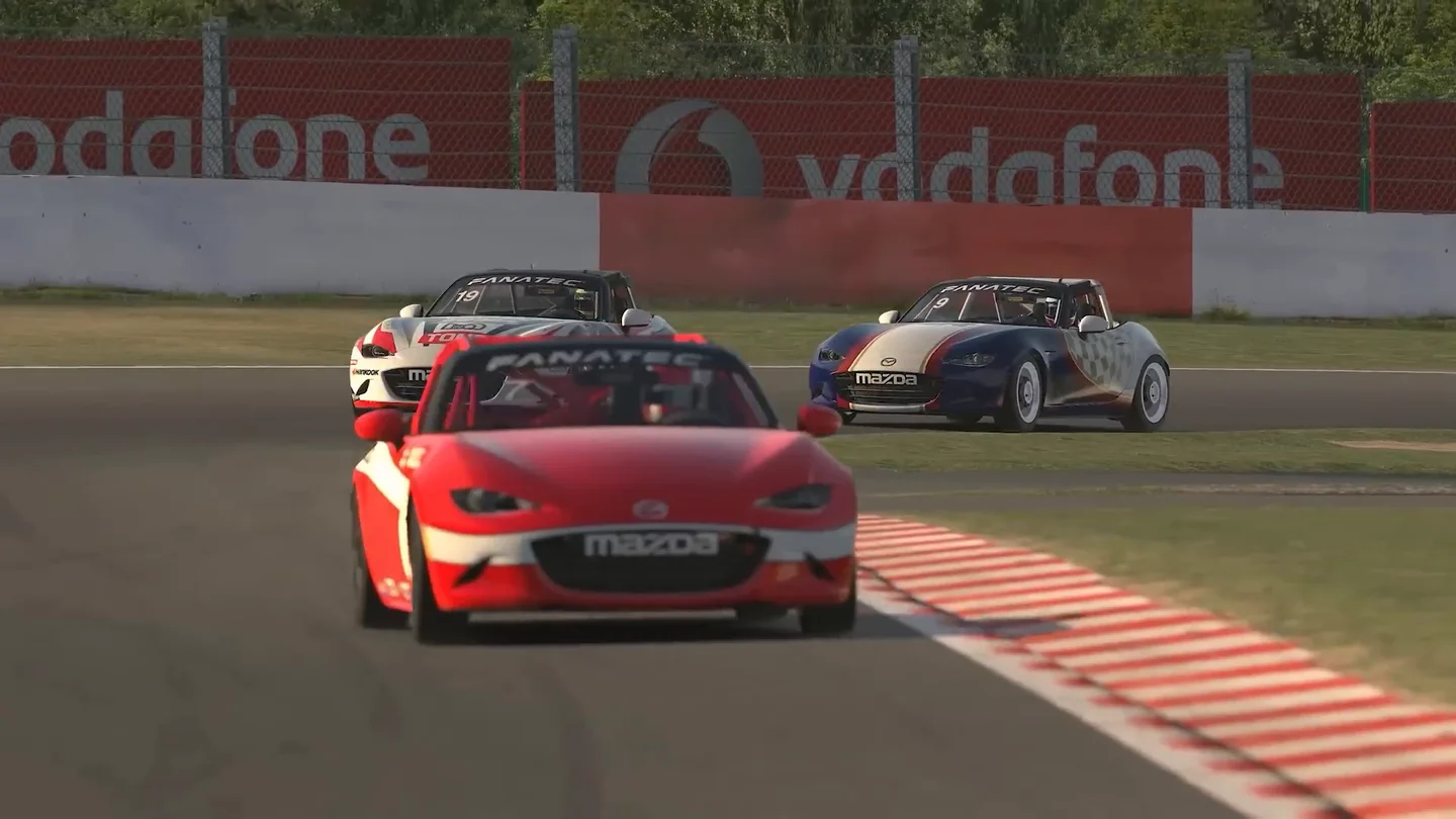 Every fight has a cost, these sim racing truths insist: three Mazda MX-5 Cup cars contest the same corner from staggered positions.