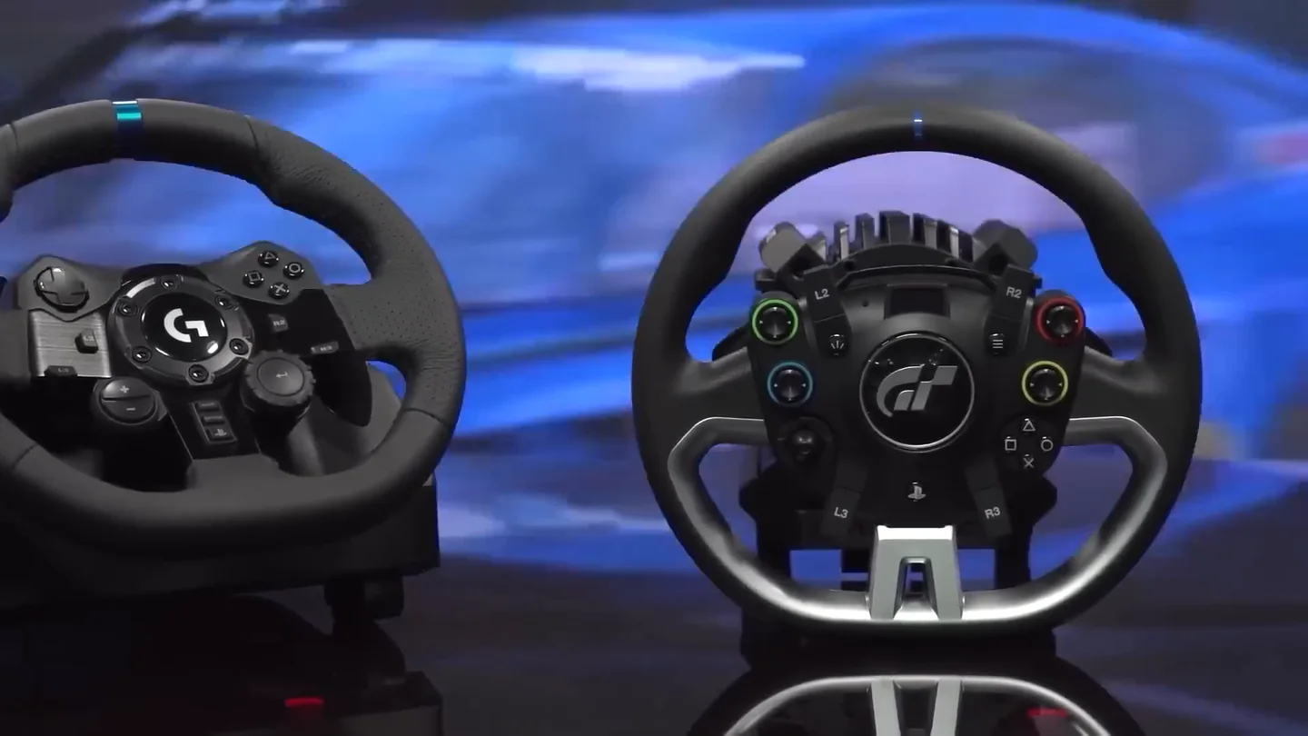 Two force feedback wheels side by side, a plain rim beside one covered in dials and buttons, the gear gap these sim racing truths describe.