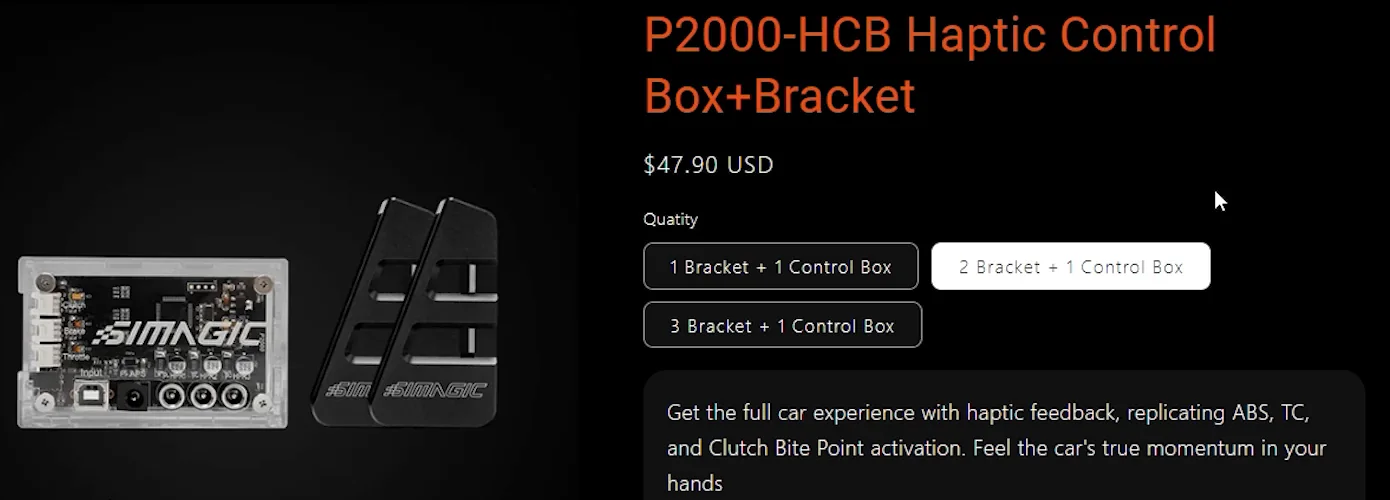 The P2000-HCB Haptic Control Box+Bracket listing on Simagic's site with options for one, two or three brackets per box, the control box used in a Simagic haptic reactor Heusinkveld mount.