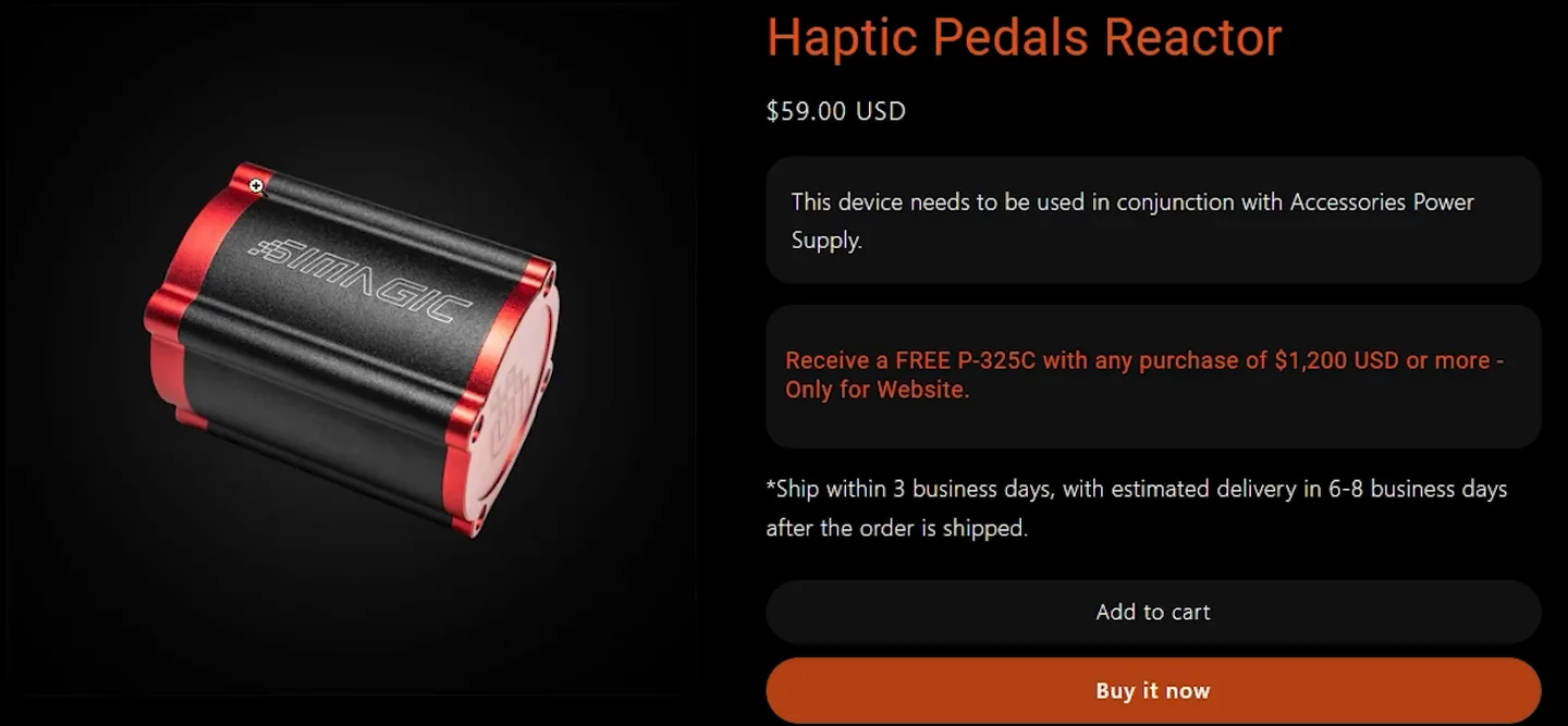 Simagic's Haptic Pedals Reactor product page, the part at the centre of a Simagic haptic reactor Heusinkveld mount, listed with a note that it needs the Accessories Power Supply.