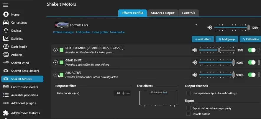 ABS active effect expanded in the ShakeIt Motors profile that accompanies these SimHub bass shaker settings, with its pulse duration field and live effects graph visible.