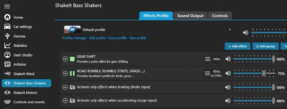 The SimHub bass shaker settings effects profile listing gear shift, road rumble and two groups that activate only when braking or accelerating.
