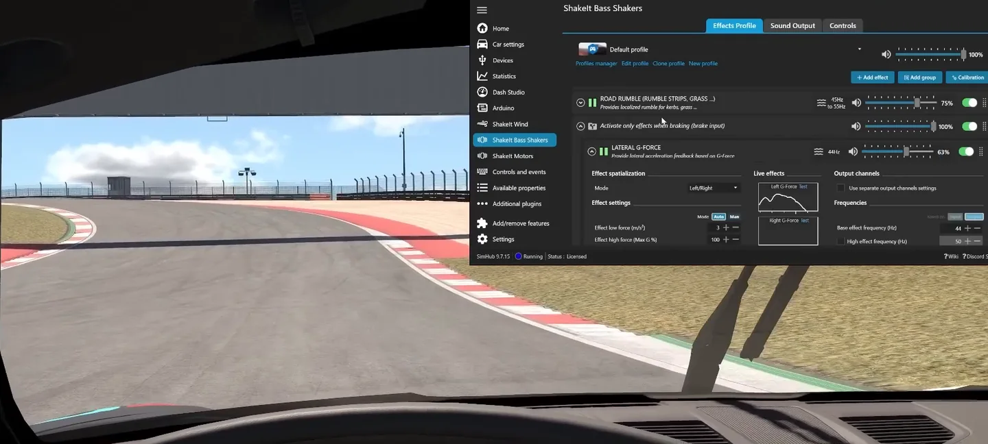 iRacing cockpit view on corner entry with SimHub bass shaker settings showing the lateral G-force effect nested under the activate-only-when-braking group, with a lateral-G pulse on its left channel graph.