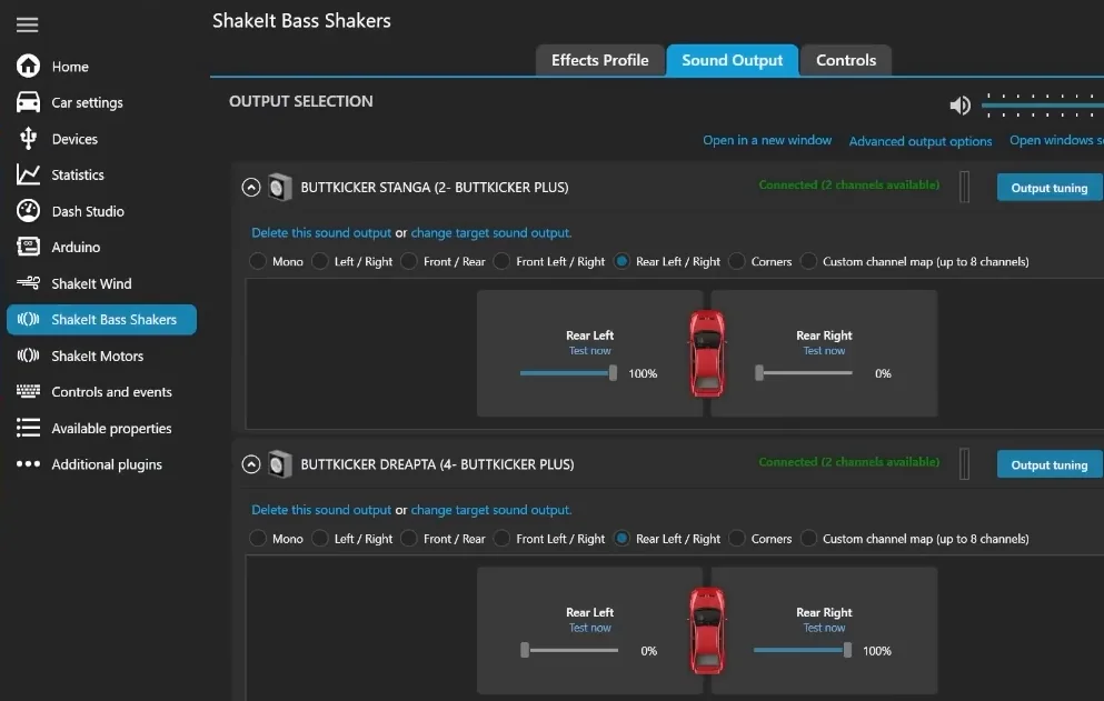 SimHub bass shaker settings Sound Output tab with two ButtKickers assigned as Rear Left / Right, one at 100% left and 0% right and the other mirrored.