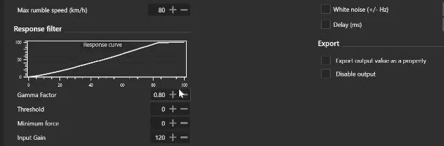 SimHub bass shaker settings response filter for road rumble showing the response curve, a gamma factor of 0.80 and an input gain of 120.