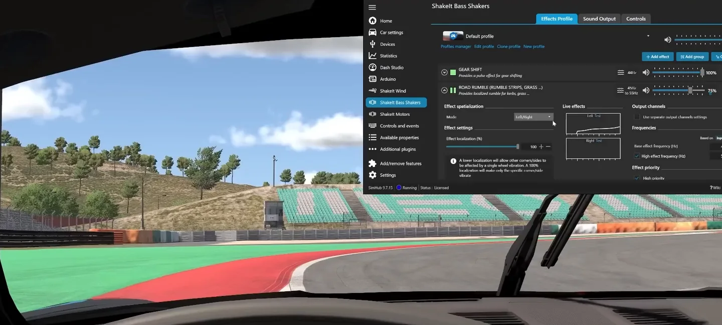 Left wheels riding a green and red kerb in iRacing while the SimHub bass shaker settings live-effects graph shows road rumble ramping on the left channel only.