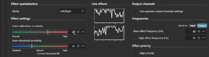SimHub bass shaker settings for the road vibration effect with auto-calibration sensitivity 65, auto-threshold 35 and base and high frequencies of 48 and 55 Hz.