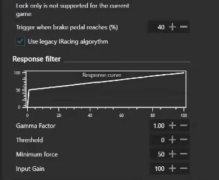 Wheel lock effect settings in ShakeIt Motors with the legacy iRacing algorithm ticked and minimum force raised to 50, the pedal counterpart to these SimHub bass shaker settings.