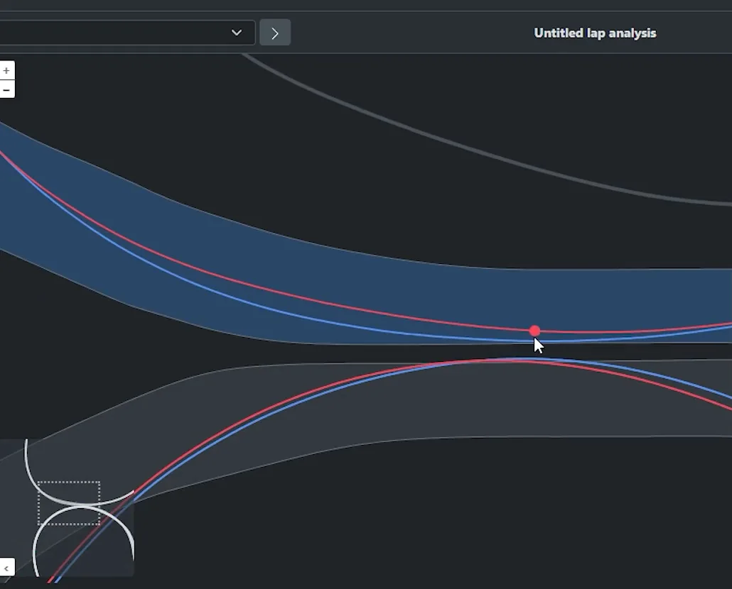 Zoomed track map of turn one at the Charlotte Roval with the coach's blue line running very close to the outside wall