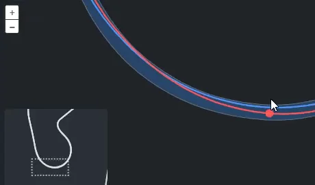 Zoomed track map showing a red line running wider than the blue reference line through a corner