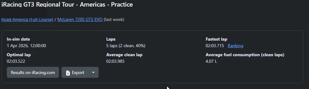 Garage61 session header for an iRacing GT3 practice session at Road America in a McLaren 720S GT3 EVO, showing laps, optimal lap, fastest lap and fuel figures
