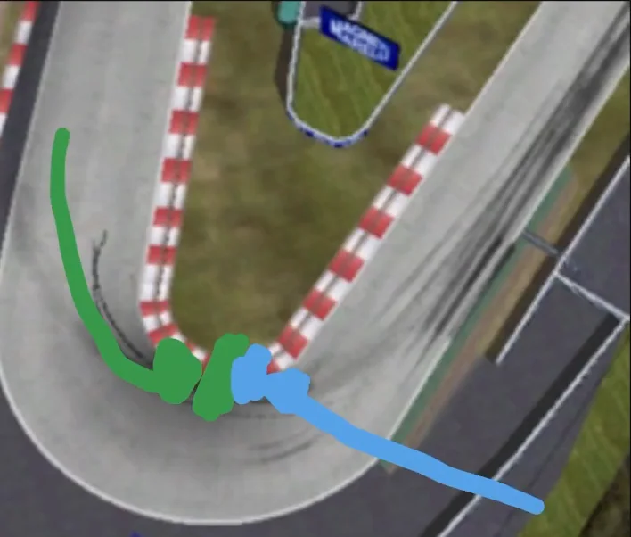 Aerial view of a hairpin marked up for trail braking Phase 3, with a green line for the current throttle point and a blue mark placed slightly earlier.