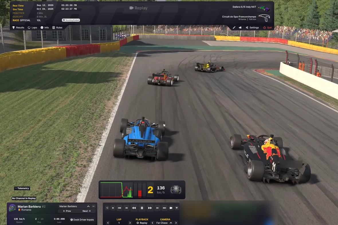 Far-chase replay camera at Spa-Francorchamps with open-wheel cars running side by side